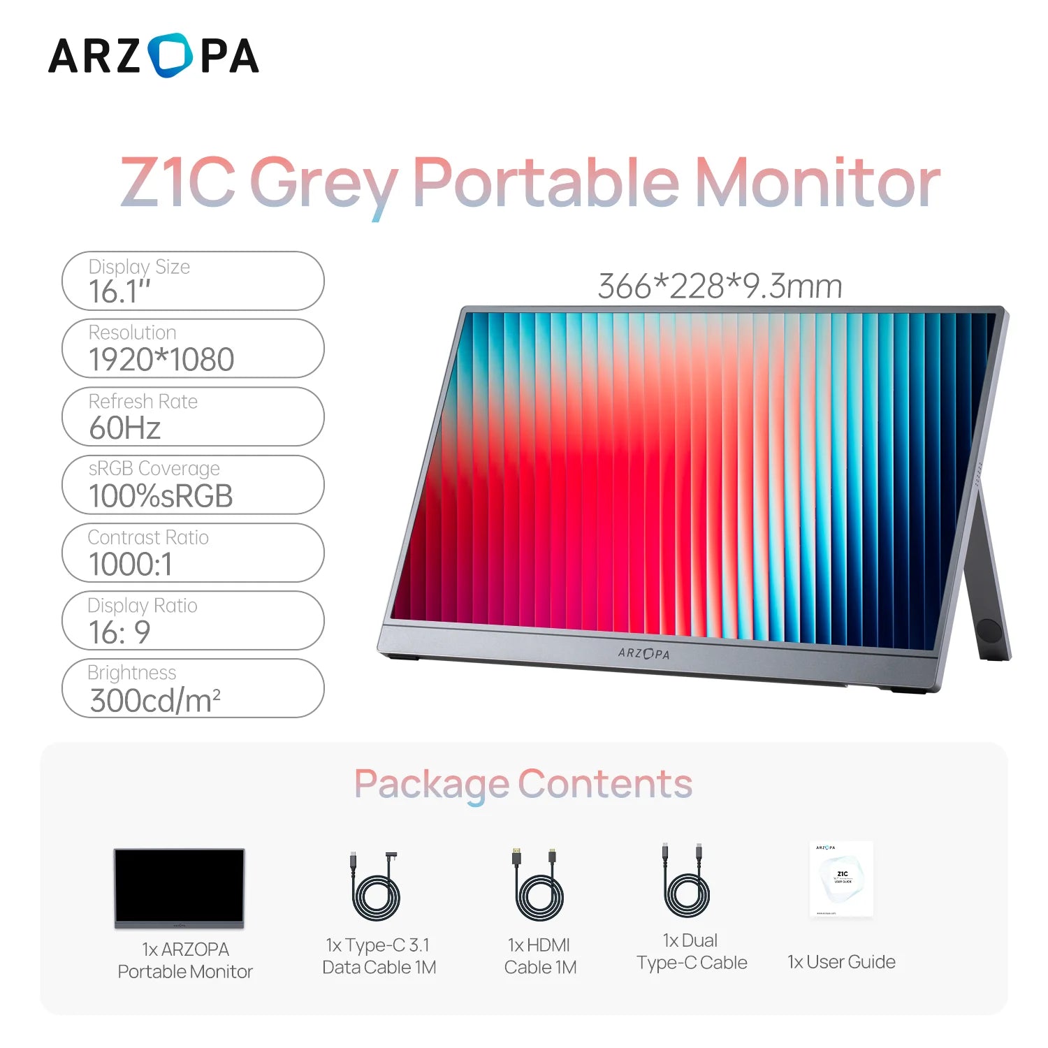 ARZOPA 16.1 inch 1920×1080 Portable Monitor HDR10 60HZ 100% PS5/XBOX/PC