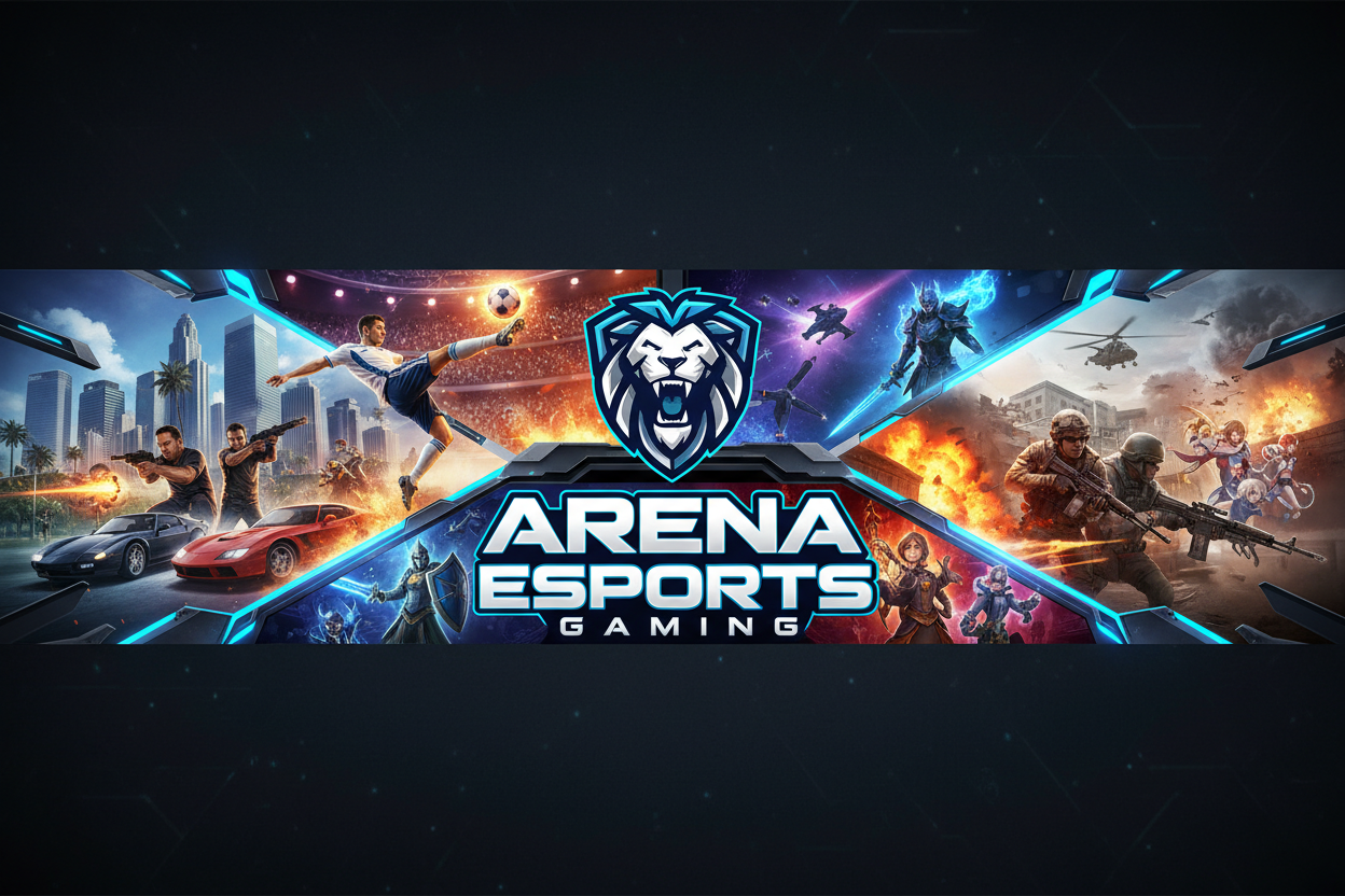 Banner com o nome Arena Esports Gaming e com imagens de gta 5 ,fifa ,cod etc